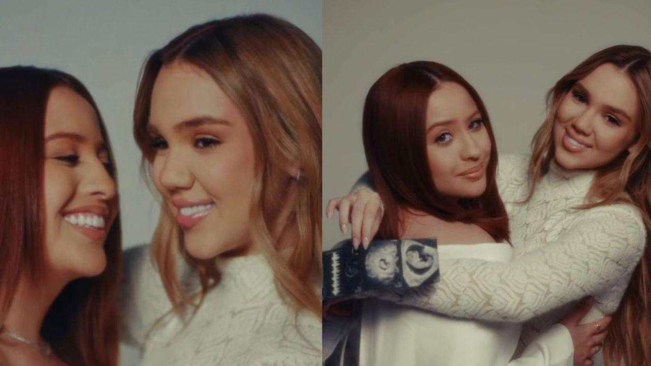 Montagem de duas fotos de Mari Fernandez e Júlia Ribeiro no anúncio da gravidez
