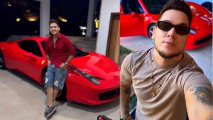 Montagem de duas fotos de Belinho, pai de Melody, com sua ferrari vermelha