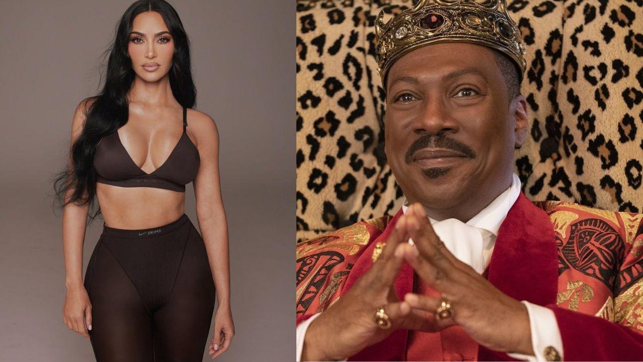 Kim Kardashian e Eddie Murphy. Mulher branca e homem negro.