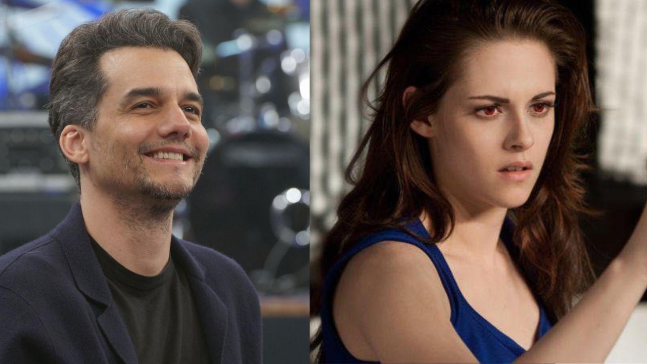 Montagem de duas fotos. Wagner Moura e Kristen Stewart.