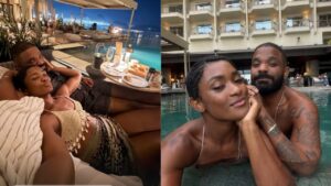 Montagem de duas fotos. Erika Januza e Arlindinho, mulher e homem negros.