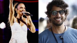 Montagem de duas fotos. Ivete Sangalo e Tiago Maia, mulher e homem branco.