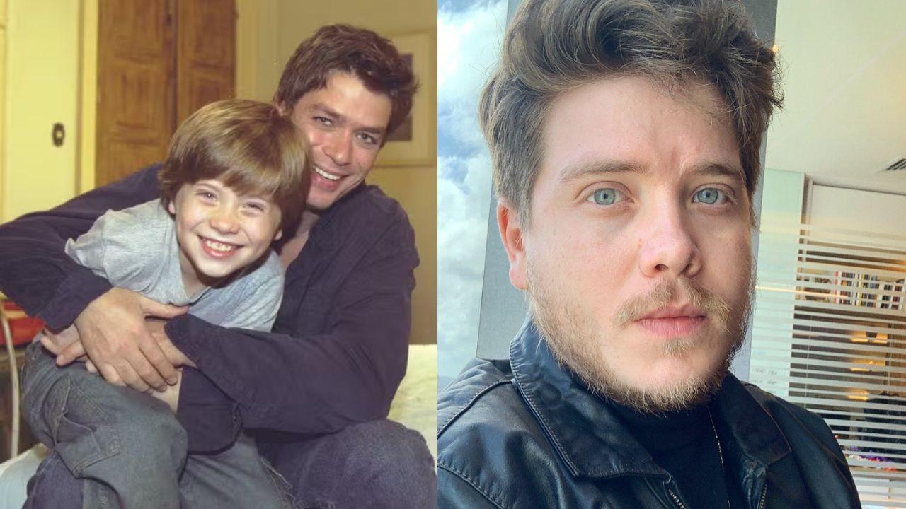 Montagem de duas fotos. Fabio Assunção e criança, e na outra a criança já crescida, um homem branco, cabelo claro, barba e olhos verdes.