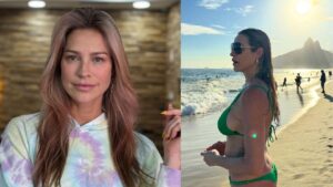 Montagem de duas fotos. Luana Piovani nas fotos, mulher loira, cabelo liso e na praia.