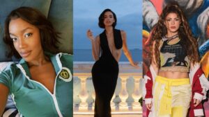 Montagem de três fotos. Iza, Bruna Marquezine e Shakira nas fotos.