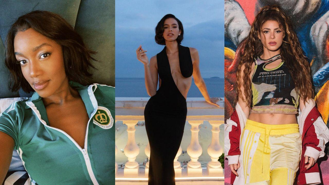 Montagem de três fotos. Iza, Bruna Marquezine e Shakira nas fotos.