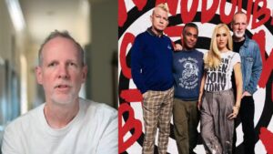 Montagem de duas fotos. Tom Dumont e a banda No Doubt.