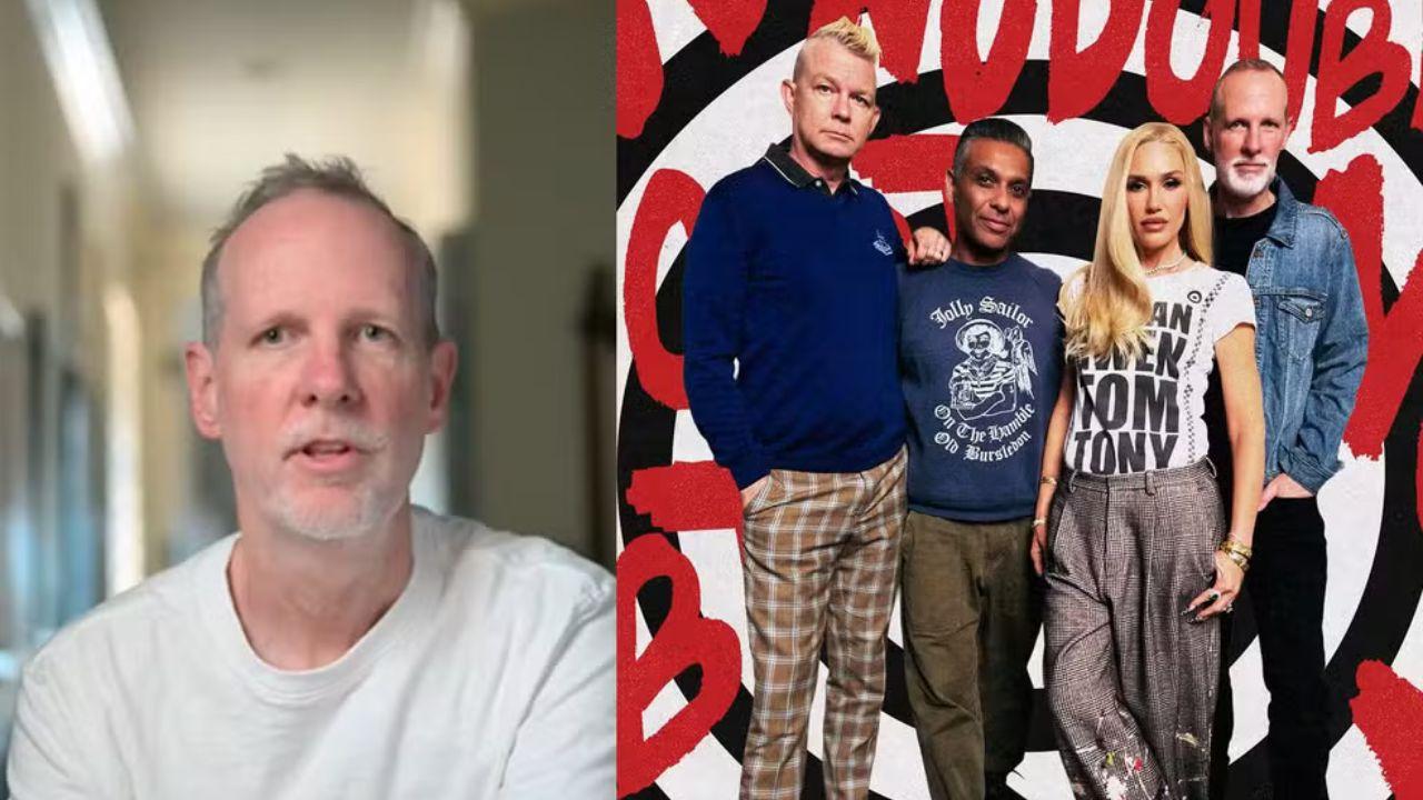 Montagem de duas fotos. Tom Dumont e a banda No Doubt.