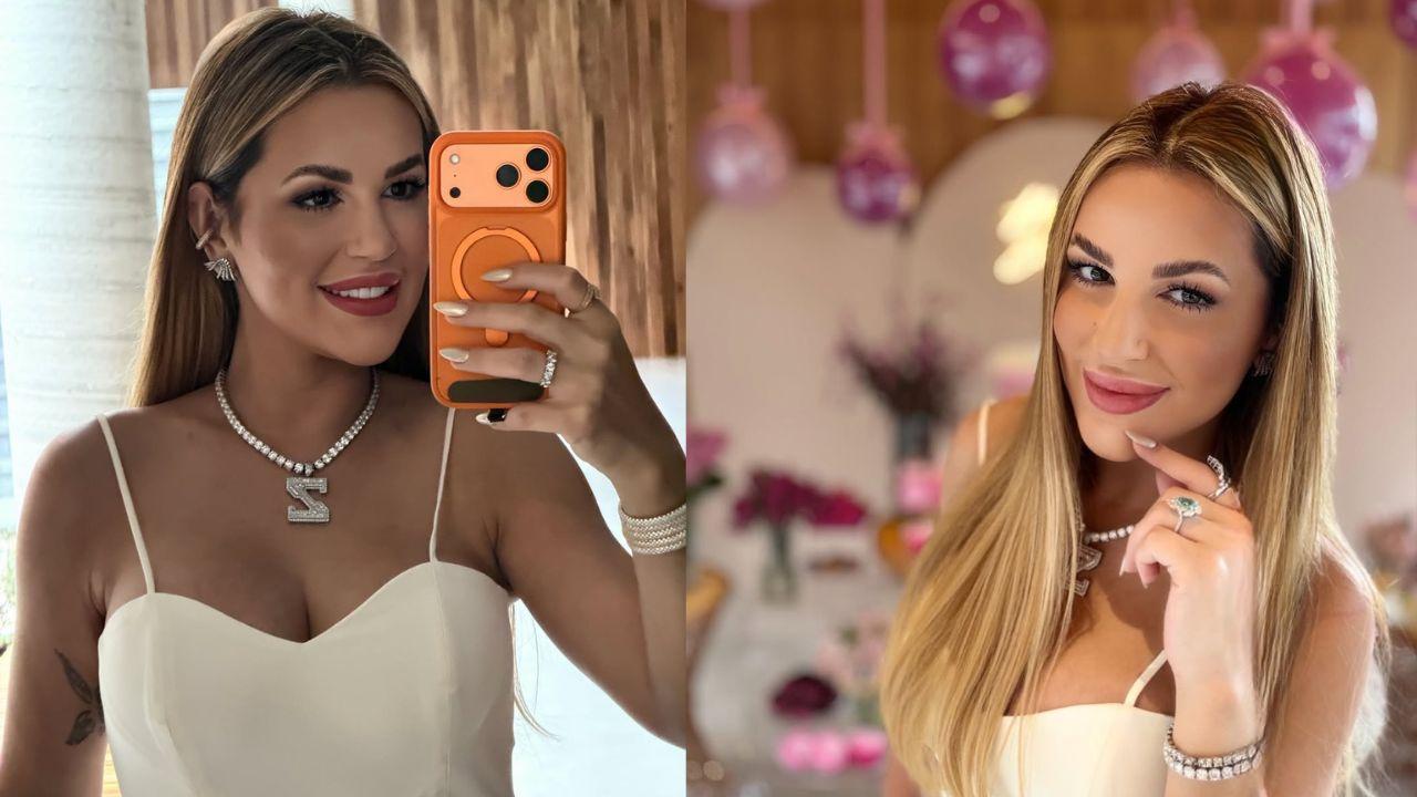 Montagem de duas fotos da Deolane Bezerra. Mulher branca, loira, usando blusa branca.