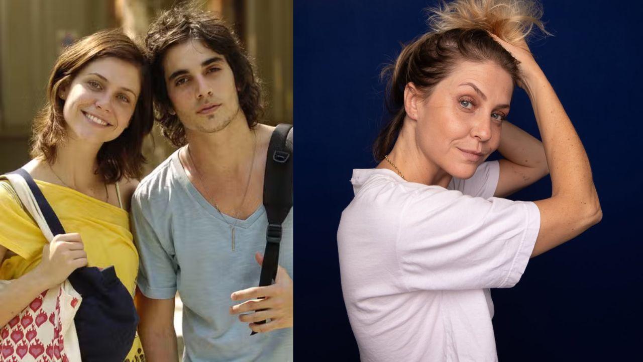 Montagem de duas fotos. Christiana Ubach jovem ao lado de Fiuk e a outra é ela atualmente. Mulher branca, loira e olhos verdes.
