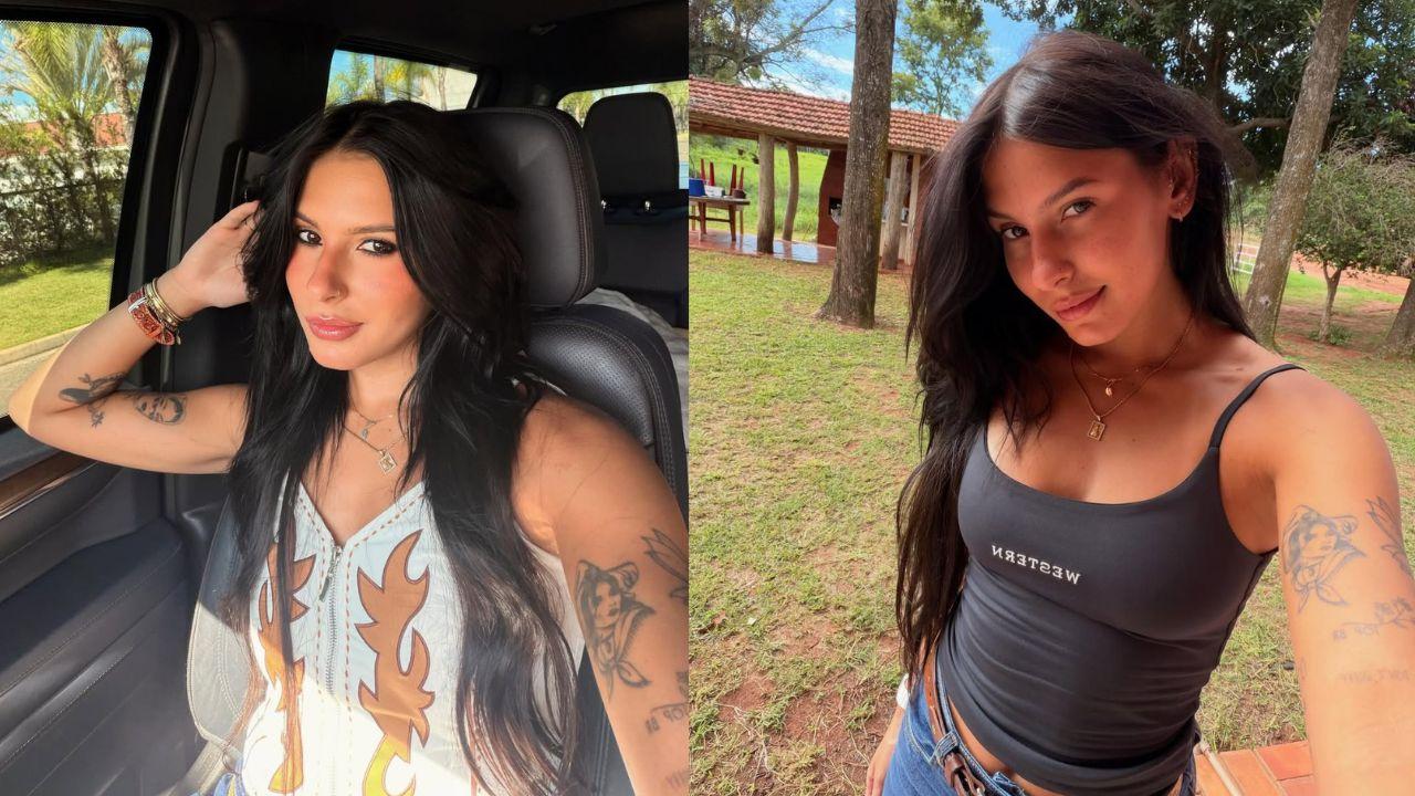 Montagem de duas fotos. Ana Castela com cabelo solto e sorrindo.
