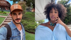 Montagem de duas fotos. Os atores Filipe Bragança e Ramille. Homem branco e mulher negra.