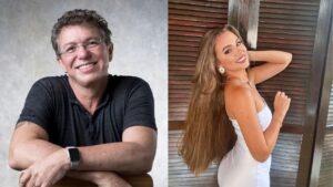 Montagem de duas fotos. Boninho e Bianca Becker, mulher e homem brancos.