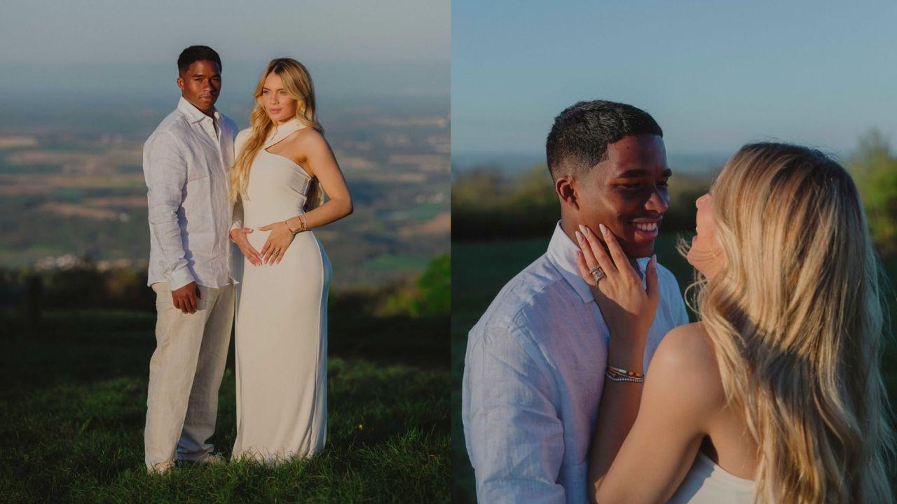 Montagem de duas fotos do jogador Endrick e sua esposa Gabrielly. Homem negro e mulher negra unidos.