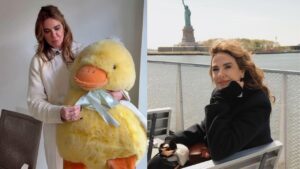 Montagem de duas fotos. Luciana Gimenez olhando para a foto e depois segurando um pato gigante.