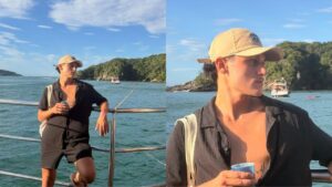 Montagem de duas fotos de Vinícius Moreno, ator que interpretou Florianinho em A Grande Família