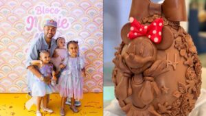 Montagem de duas fotos. À esquerda, Neymar e as filhas. À direita, o ovo de páscoa de Helena