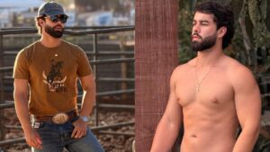 Montagem de duas fotos de Paulo Augusto. À esquerda, com roupa, camisa, calça e cinto de fivela; à direita, sem camisa