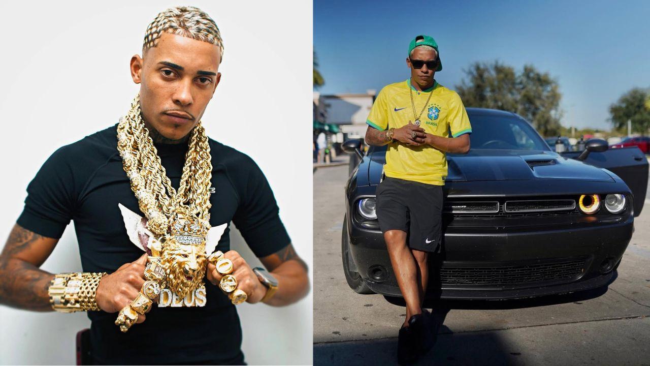 Montagem de duas fotos. MC Poze do Rodo usando correntes de ouro e do lado de um carro.