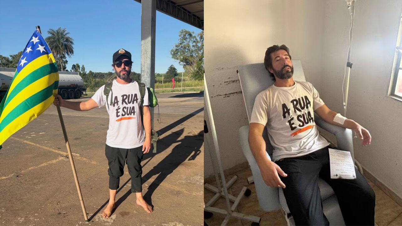 Ator Sandro Pedroso. Homem branco, cabelo castanho curto, usando camiseta branca e calça preta. Na segunda foto, toma soro em cadeira de hospital.