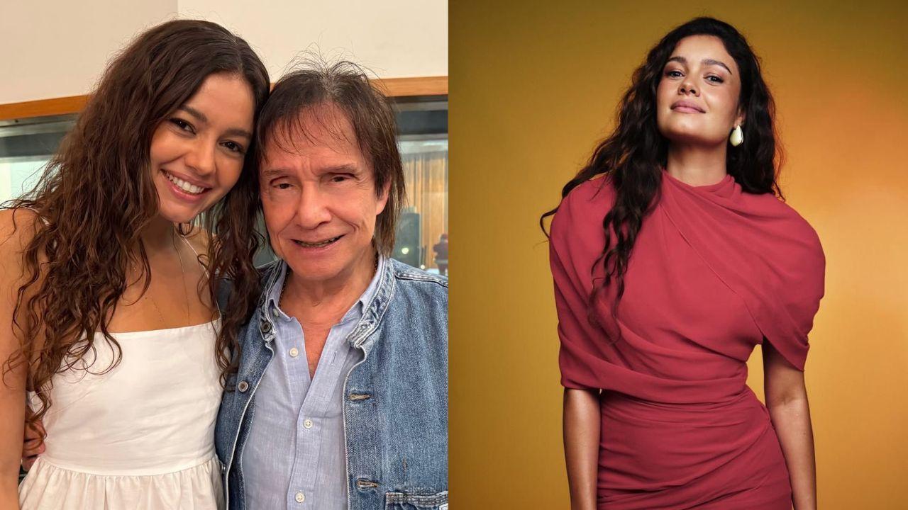 Montagem de duas fotos. Uma foto é Sophie Charlotte sozinha e a outra é Sophie Charlotte com o cantor Roberto Carlos.