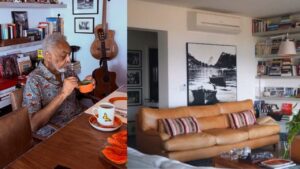 Montagem de duas fotos de Gilberto Gil e a sala do apartamento à venda.