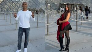 Montagem de duas fotos. Romário e Bárbara Cavalcanti no museu do Louvre em Paris.