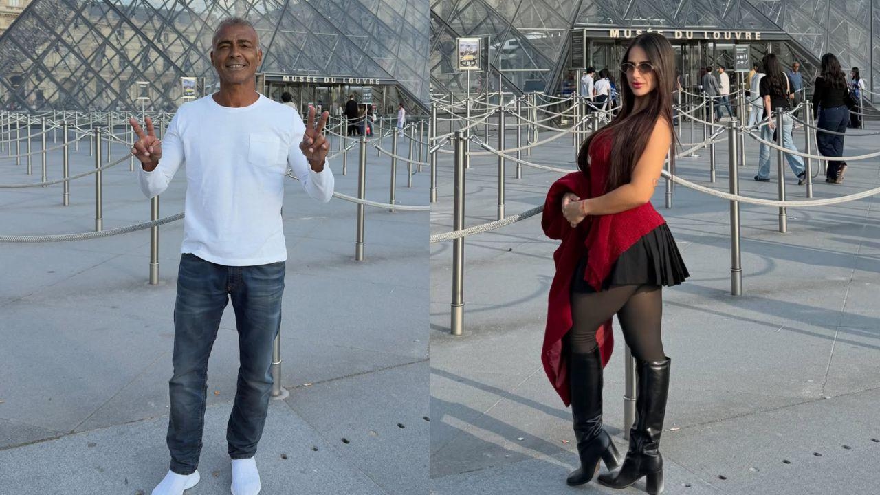 Montagem de duas fotos. Romário e Bárbara Cavalcanti no museu do Louvre em Paris.