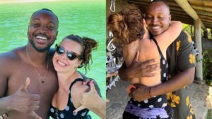 Montagem de Thiaguinho e Fernanda Souza juntos e sorrindo.