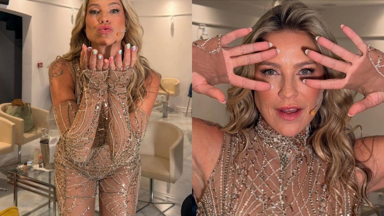 Montagem de duas fotos da Luana Piovani. Mulher loira, cabelo longo, usando roupa de brilho marrom.