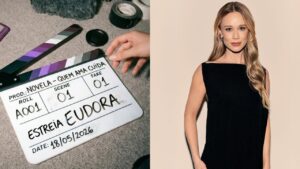 Montagem de duas fotos. Claquete de cinema e Mariana Ximenes.