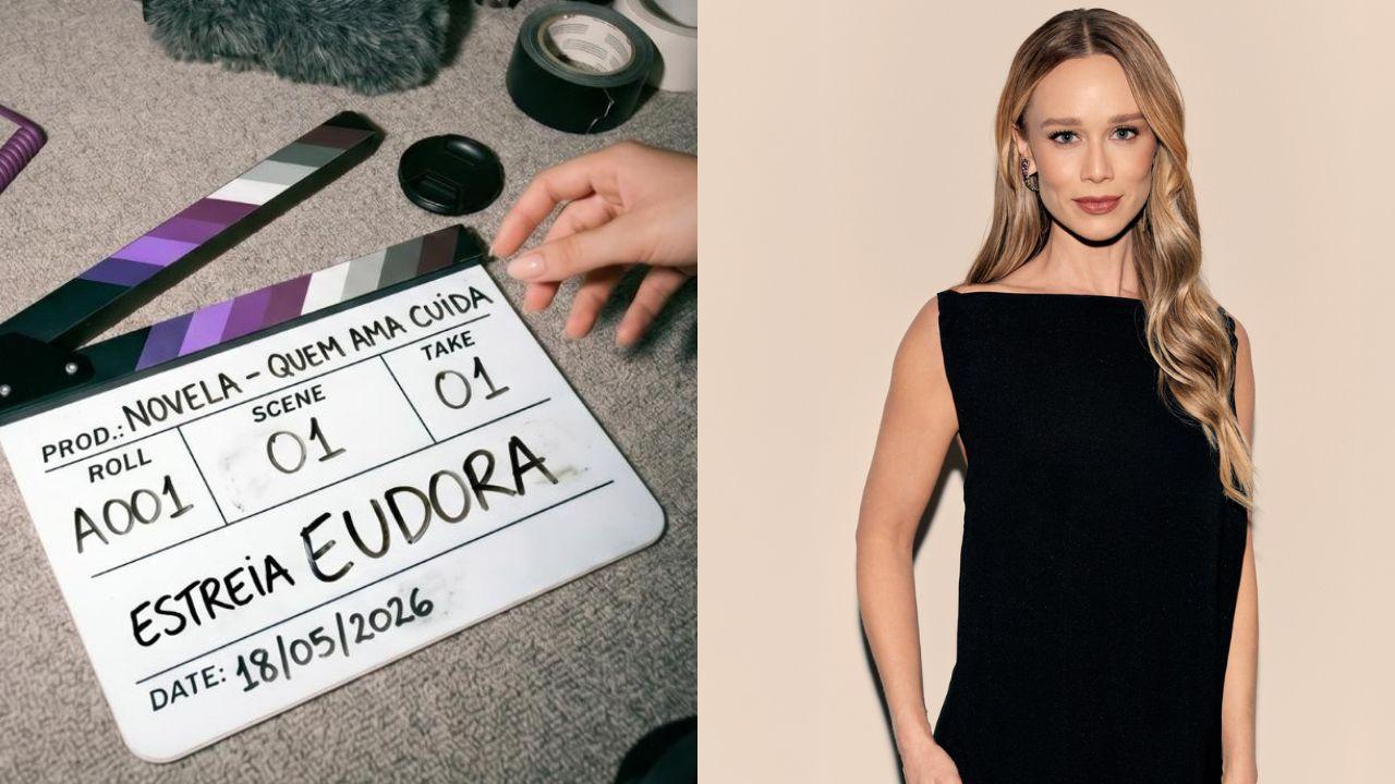 Montagem de duas fotos. Claquete de cinema e Mariana Ximenes.