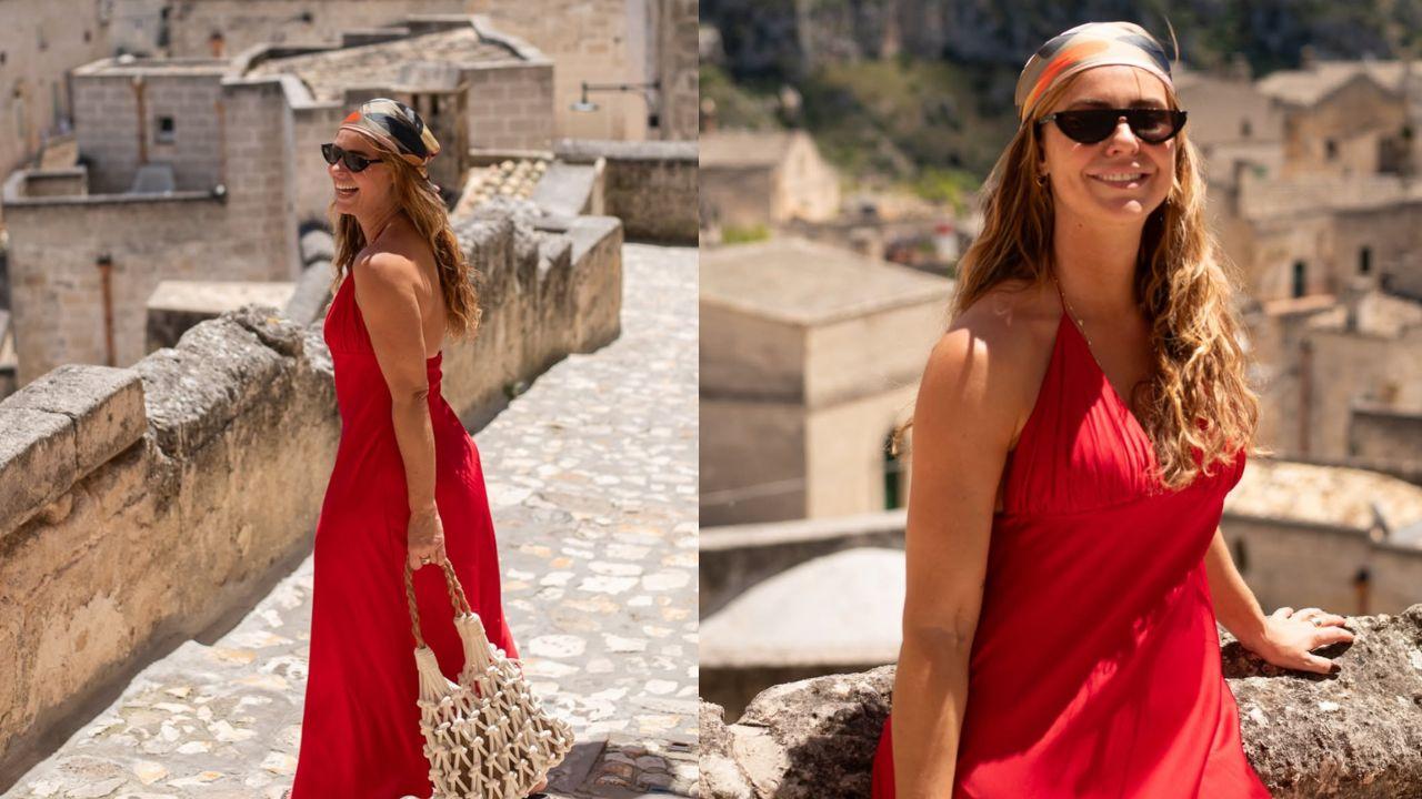 Montagem de duas fotos da atriz Paolla Oliveira durante viagem na Itália.