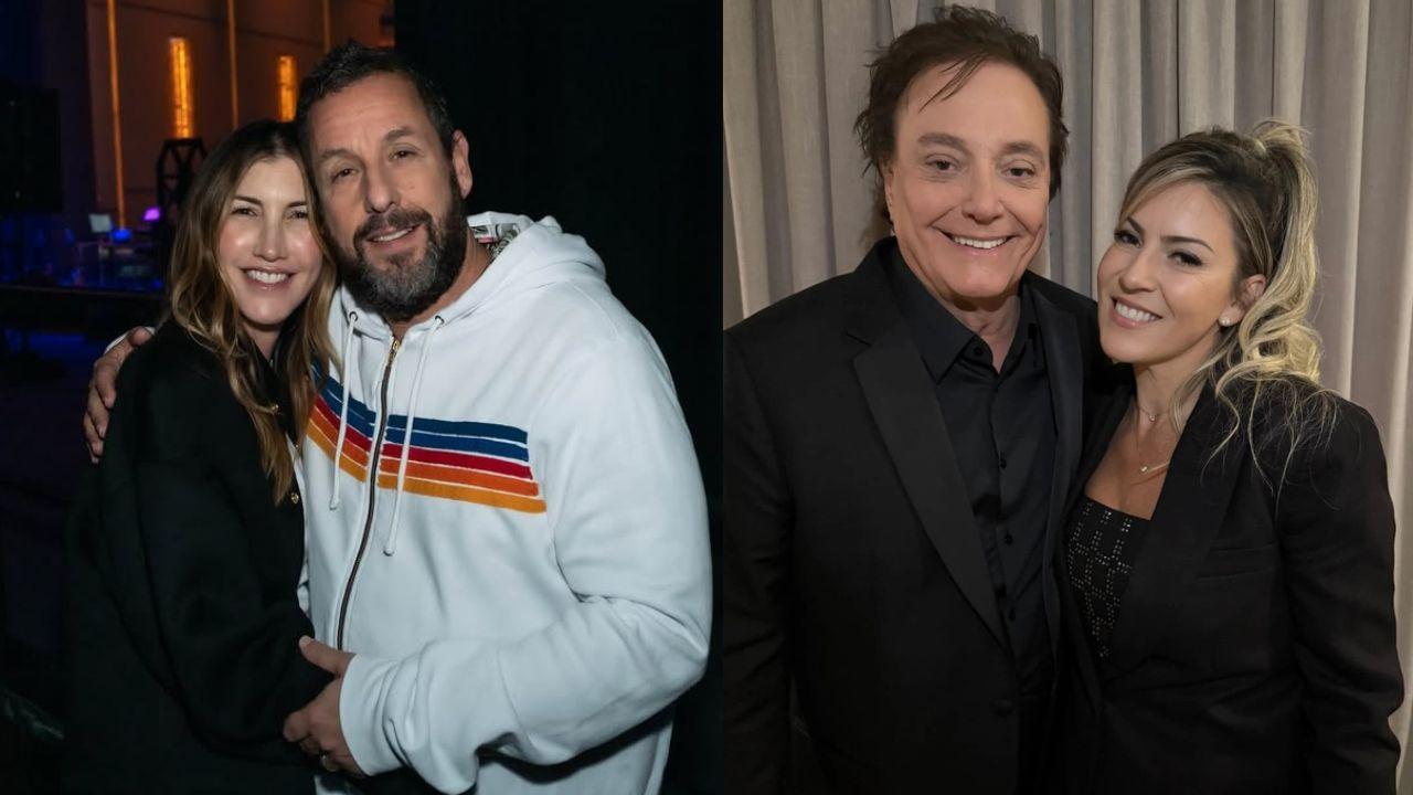 Montagem de duas fotos. Adam Sandler e Jackie Titone e Fábio Júnior e Fernanda Pascucci.
