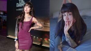 Montagem de duas fotos. Martina Oliveira, mulher branca, cabelo castanho liso com franja.