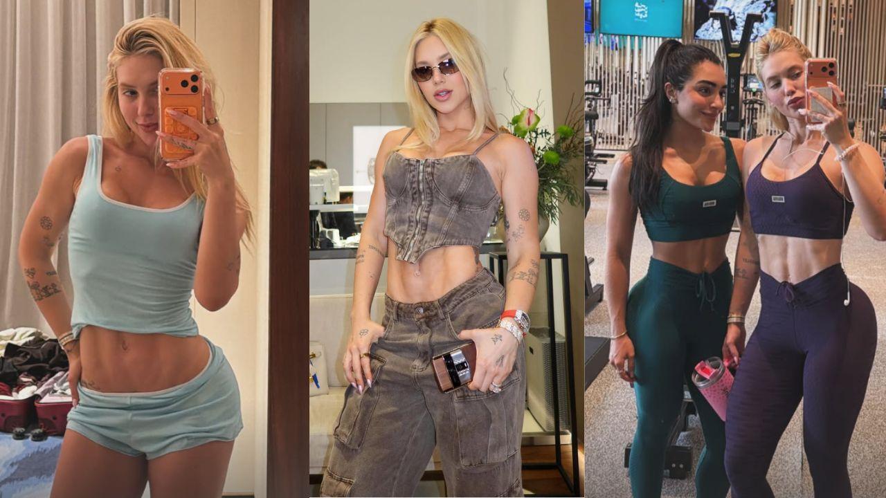 Montagem de três fotos da Virginia. Ela mostra a barriga em todas as fotos.