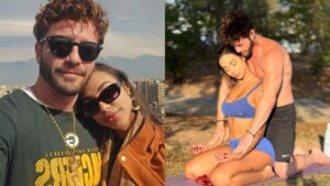 Montagem de duas fotos do casal abraçados e sorrindo.
