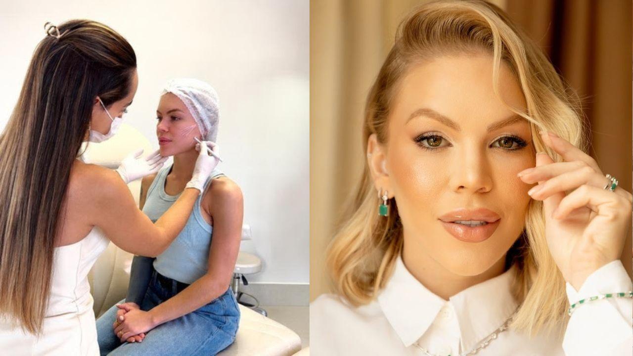 Montagem de duas fotos. Na primeira, a influenciadora está recebendo as doses de colágeno. Na outra, ela está sorrindo, posando pra foto. É uma mulher branca, loira e cabelo liso.