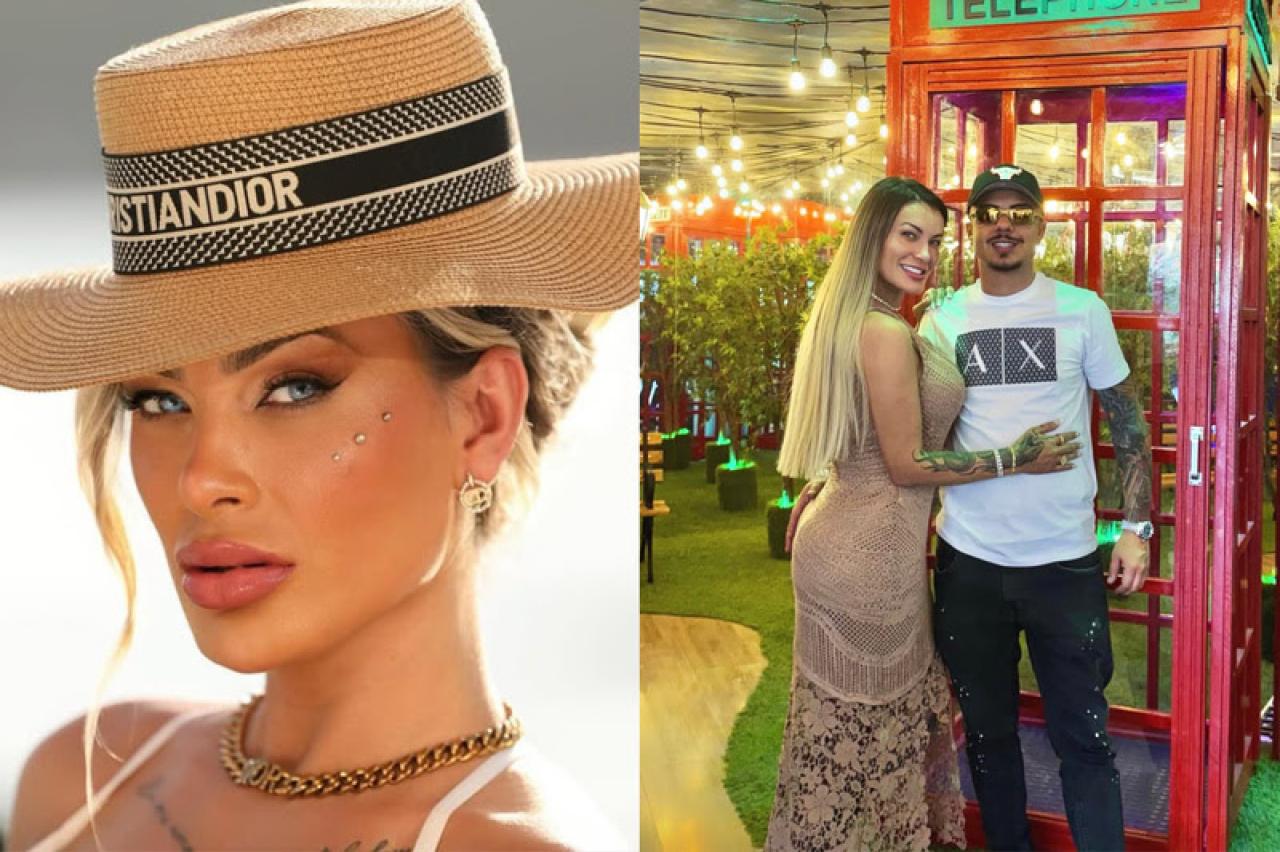 Montagem de duas fotos. Andressa Urach sozinha e outra abraçada com o marido.