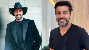 Montagem de duas fotos do Cowboy. Homem branco, cabelo castanho curto sorrindo.