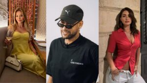 Montagem de três fotos. Neymar, Pauline e Laura. Mulheres brancas e bonitas.