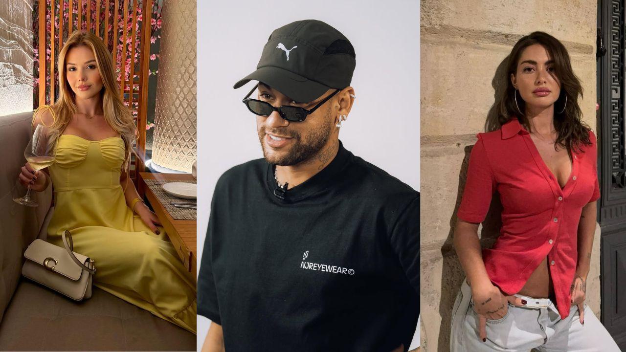 Montagem de três fotos. Neymar, Pauline e Laura. Mulheres brancas e bonitas.
