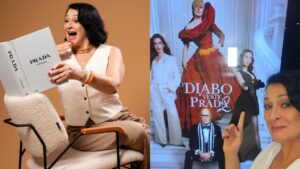 Montagem de duas fotos de Tânia Gaidarji, dubladora de Emily, de O Diabo Veste Prada