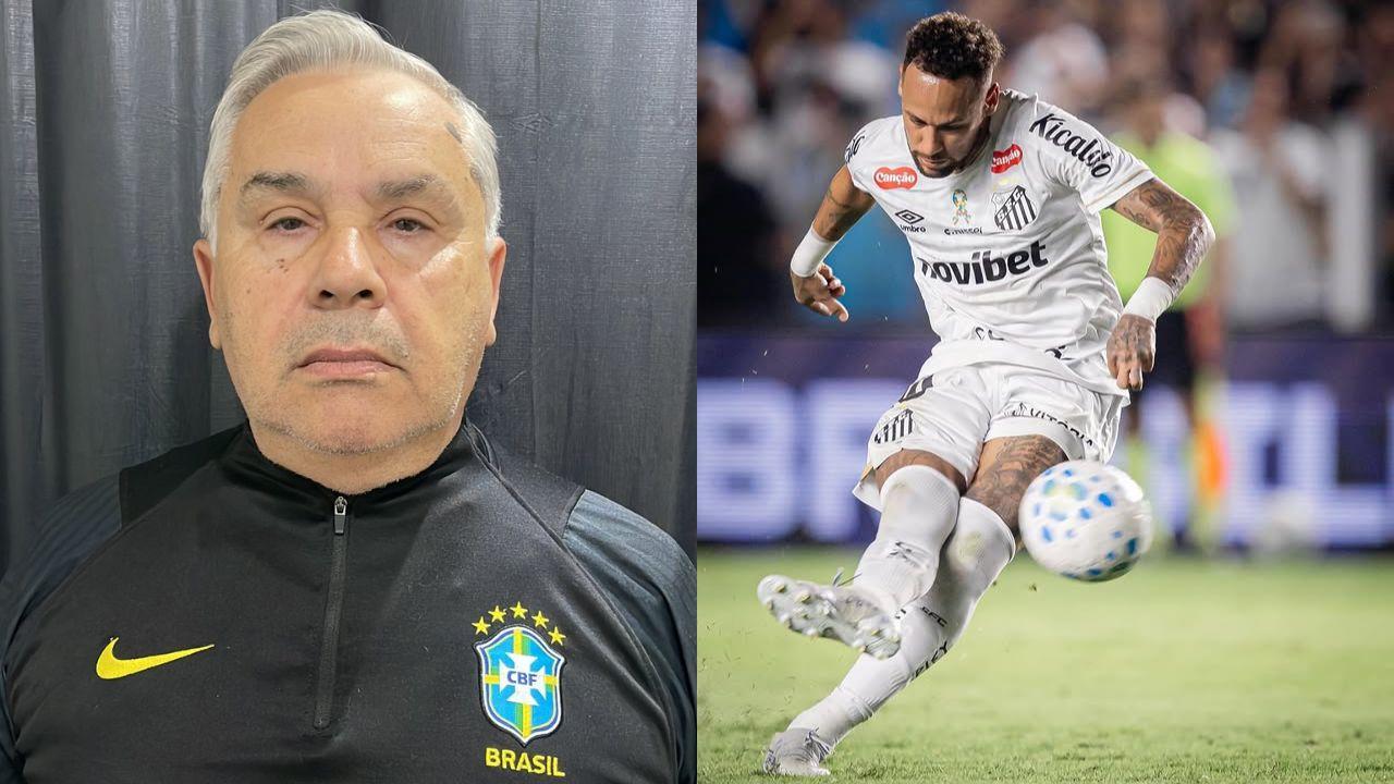 Montagem de duas fotos. À esquerda, José Sena, sósia de Ancelotti. À direita, Neymar Jr chutando uma bola