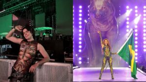 Montagem de duas fotos. À esquerda, Dario Mittmann; à direita, Shakira segurando a bandeira do Brasil e usando o look feito por Dario