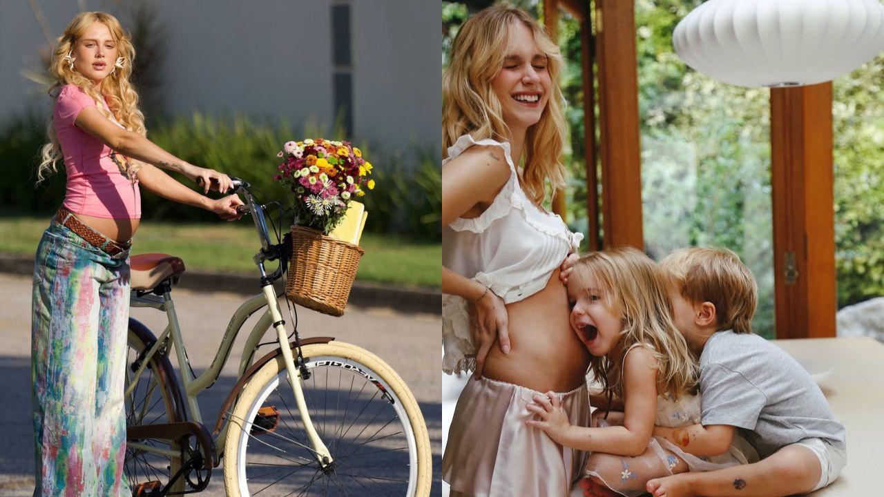 Montagem de duas fotos. À esquerda, Malu Borges grávida. À direita, Isa Scherer grávida com os outros dois filhos