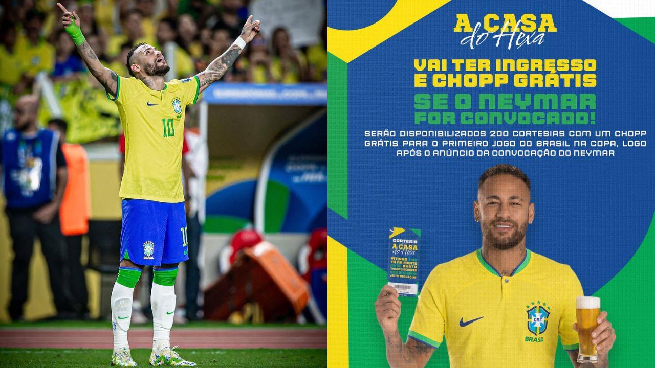 Neymar com camisa da seleção e divulgação do bar