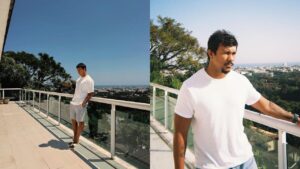 Montagem de duas fotos de Xamã na varanda de sua casa
