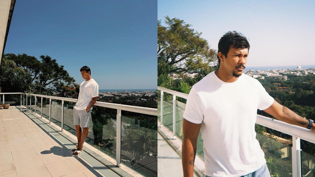 Montagem de duas fotos de Xamã na varanda de sua casa