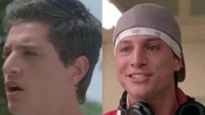 Montagem de duas fotos. Mostra o ator Simon Rex na época dos filmes de Todo Mundo em Pânico.